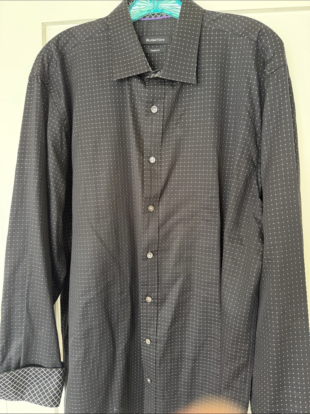 Bugatchi Black Dress Shirt with White Micro-Dot Pattern